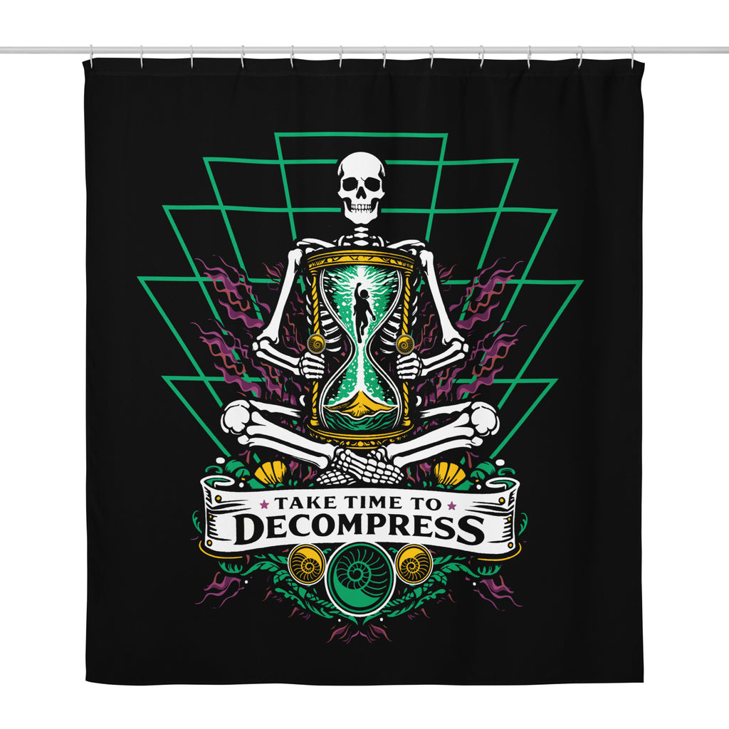 "Take Time To Decompress" white shower curtain, front view, featuring a meditating skeleton holding a glowing hourglass with a tiny silhouette inside, framed by a green geometric pyramid pattern with purple coral accents and gold ammonite shells, above a "Take Time To Decompress" banner – 17th & Surf