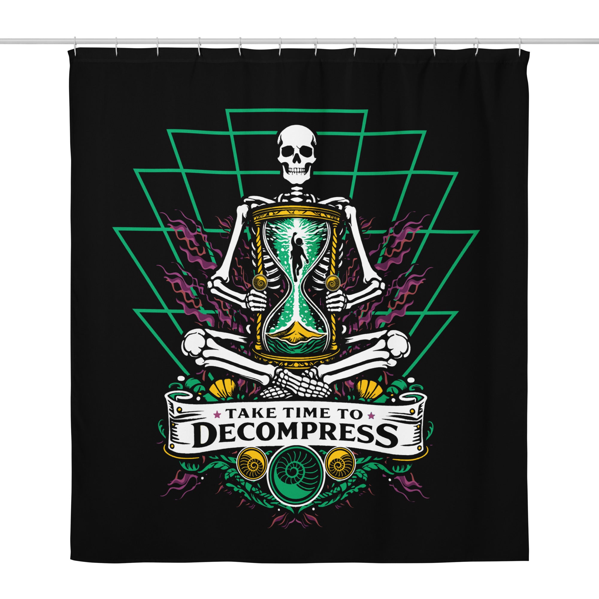 "Take Time To Decompress" white shower curtain, front view, featuring a meditating skeleton holding a glowing hourglass with a tiny silhouette inside, framed by a green geometric pyramid pattern with purple coral accents and gold ammonite shells, above a "Take Time To Decompress" banner – 17th & Surf