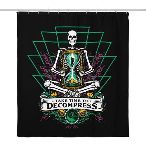 "Take Time To Decompress" white shower curtain, front view, featuring a meditating skeleton holding a glowing hourglass with a tiny silhouette inside, framed by a green geometric pyramid pattern with purple coral accents and gold ammonite shells, above a "Take Time To Decompress" banner – 17th & Surf