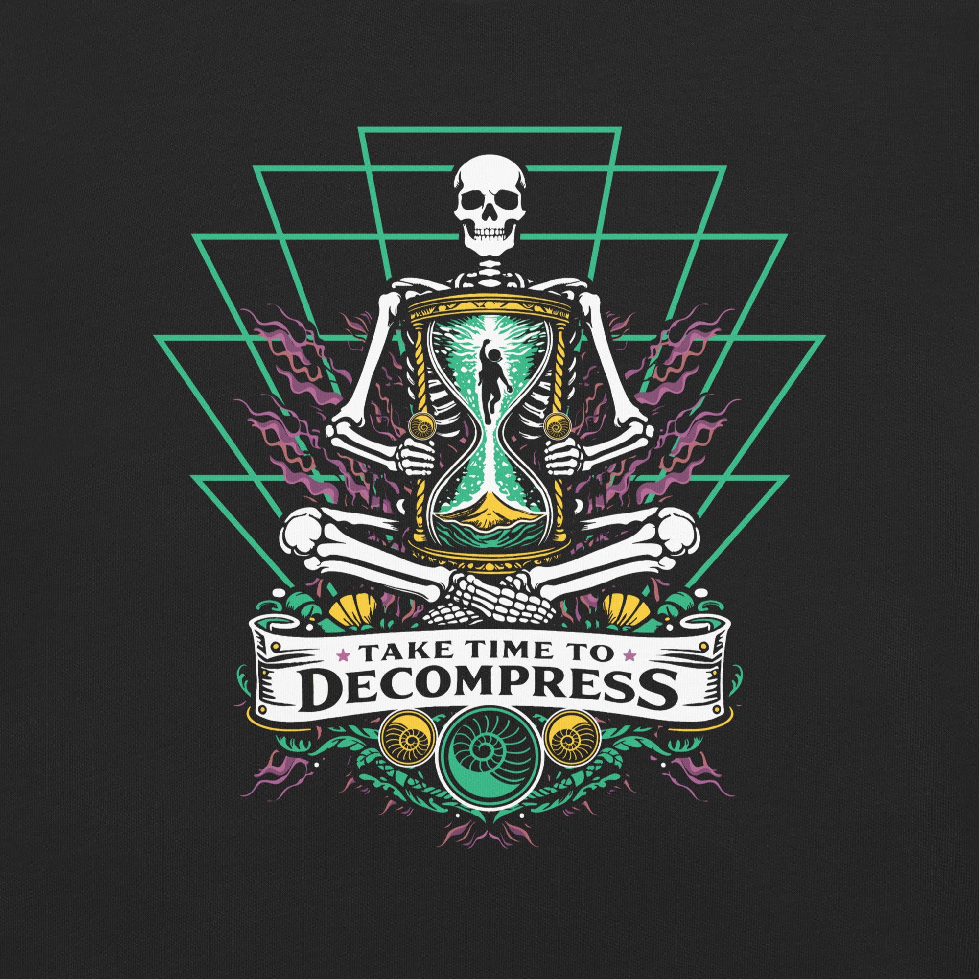 "Take Time To Decompress" black heavyweight t-shirt, close-up back flat lay on dark background, featuring a meditating skeleton holding a glowing hourglass with a tiny silhouette inside, framed by a green geometric pyramid pattern with purple coral accents and gold ammonite shells, above a "Take Time To Decompress" banner – 17th & Surf