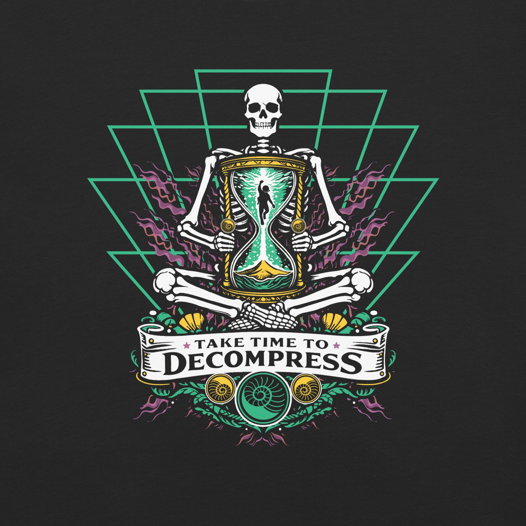 "Take Time To Decompress" black heavyweight t-shirt, close-up front flat lay on a dark background, featuring a meditating skeleton holding a glowing hourglass with a tiny silhouette inside, framed by a green geometric pyramid pattern with purple coral accents and gold ammonite shells, above a "Take Time To Decompress" banner – 17th & Surf