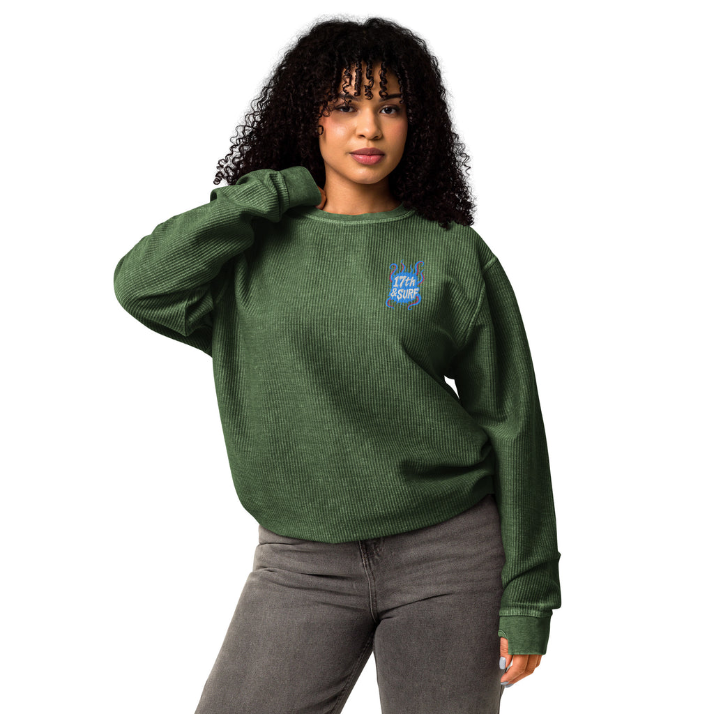 "Inked" green comfy cord sweatshirt, third front view, embroidered with the 17th & Surf octopus tentacles logo – "Inked" Series by 17th & Surf