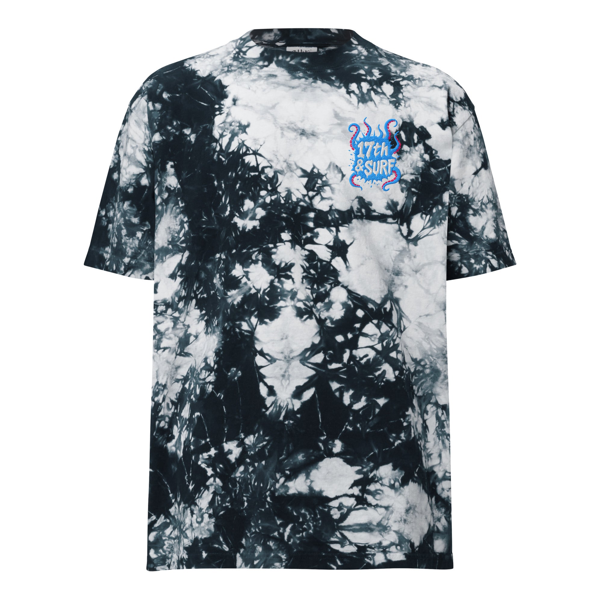 "Tentacles" oversized tie-dye tee front flat lay in black and white showing embroidered skeleton-and-tentacle "17th & Surf" chest logo – 17th & Surf