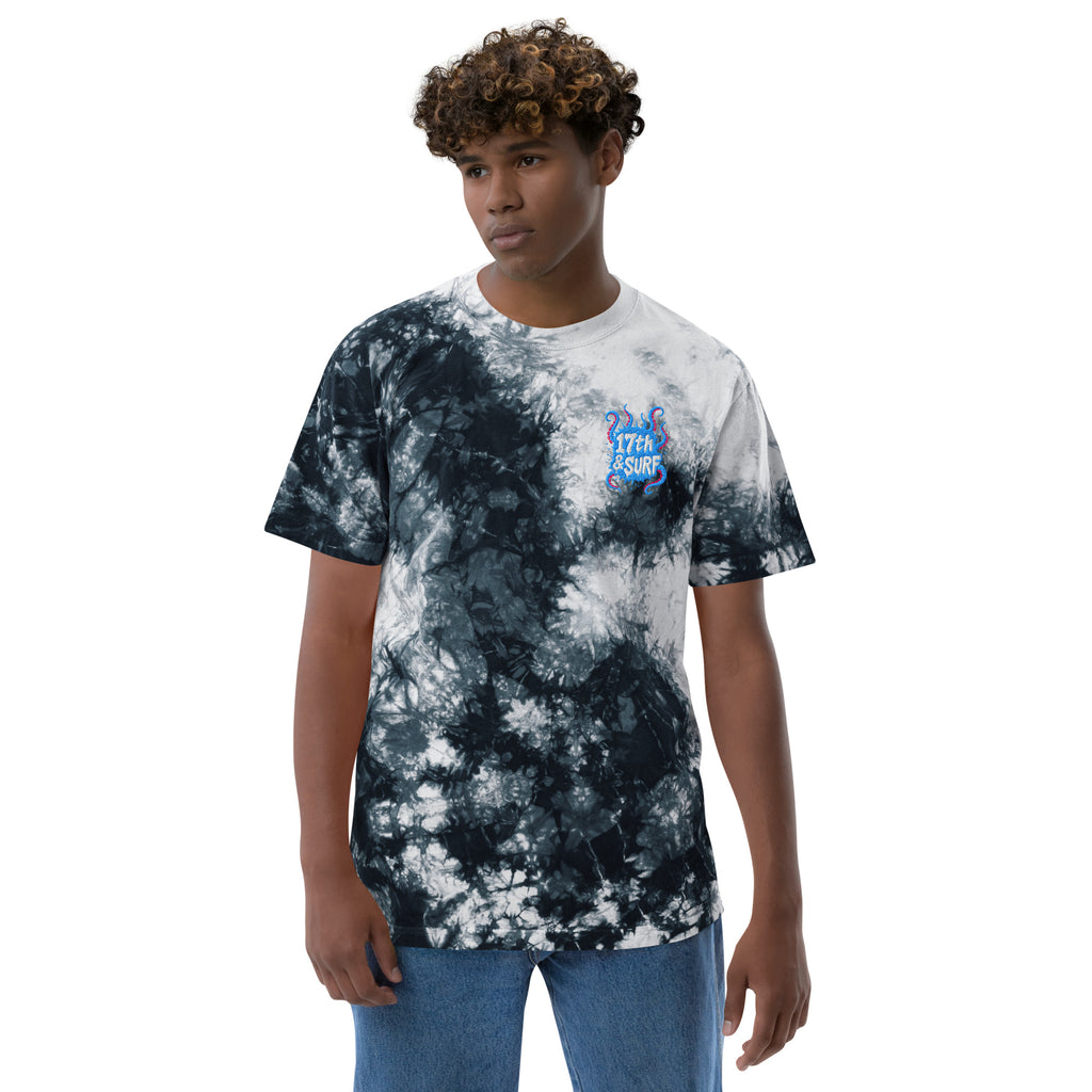 "Tentacles" oversized tie-dye tee front view on model in black and white showing embroidered skeleton-and-tentacle "17th & Surf" chest logo – 17th & Surf