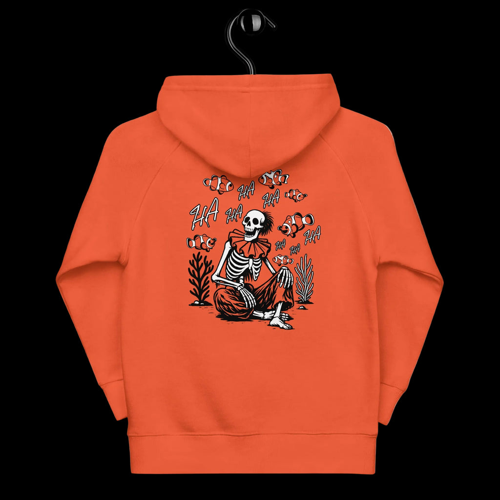 17th & Surf kids burnt orange hoodie with I Started A Joke skeleton clown and clownfish graphic printed on back