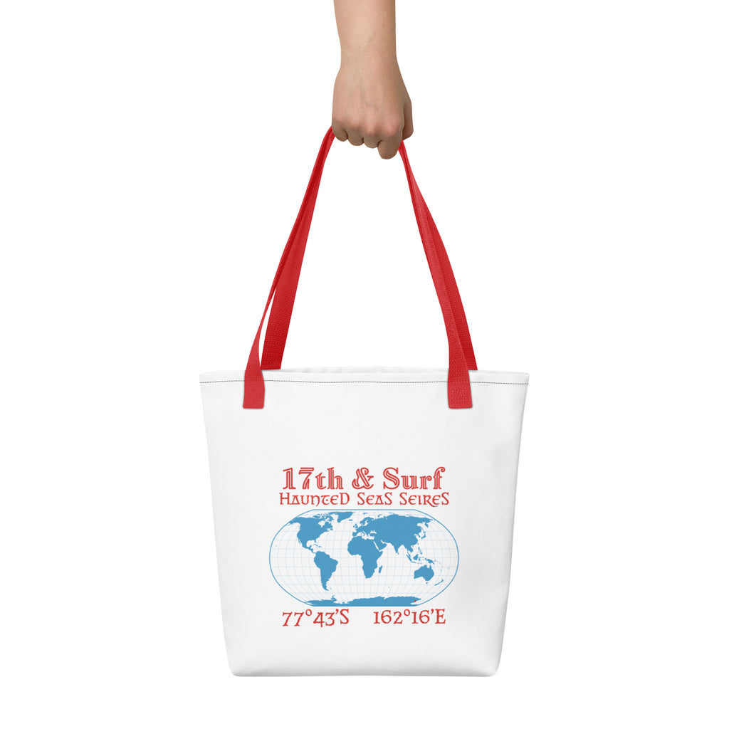 Back of Blood Falls Antarctica tote bag featuring globe graphic and coordinates 77°43′S 162°16′E from the Haunted Seas Series by 17th & Surf