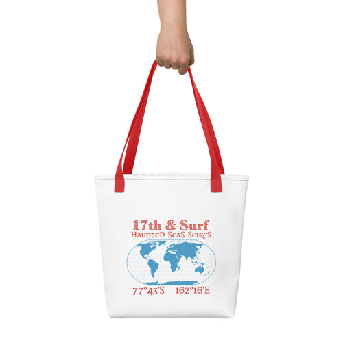 Back of Blood Falls Antarctica tote bag featuring globe graphic and coordinates 77°43′S 162°16′E from the Haunted Seas Series by 17th & Surf