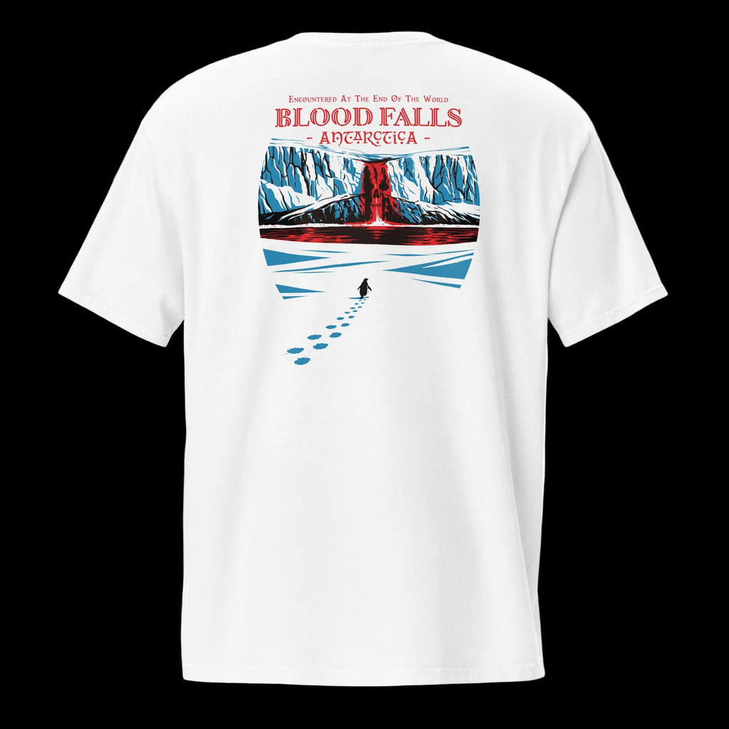 Back of white 17th & Surf Blood Falls Antarctica t-shirt featuring illustrated red Antarctic waterfall, glacier landscape, and lone "but why" penguin with footprints in snow