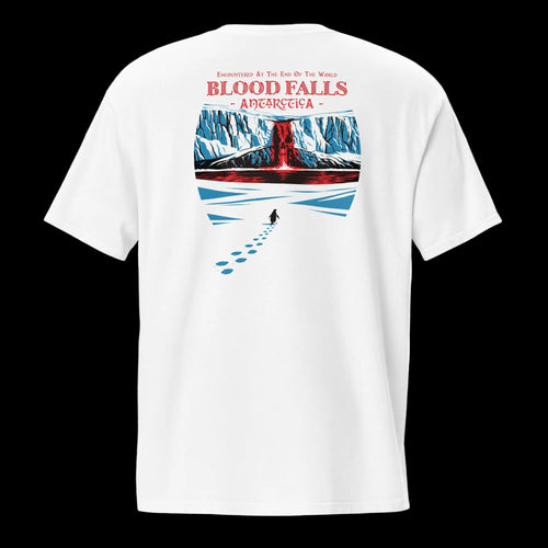Back of white 17th & Surf Blood Falls Antarctica t-shirt featuring illustrated red Antarctic waterfall, glacier landscape, and lone "but why" penguin with footprints in snow