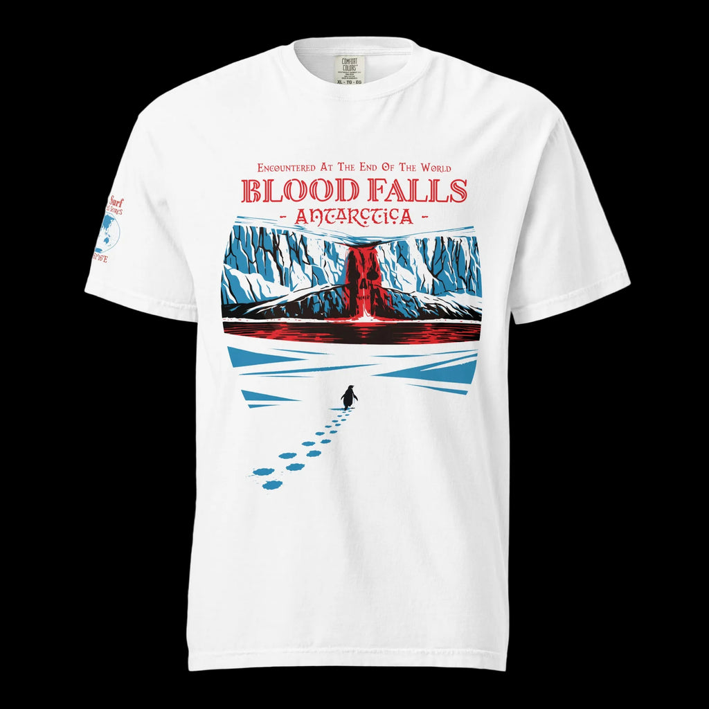 Blood Falls Antarctica Lone Penguin walking towards Red Waterfall Graphic Shirt by 17th & Surf