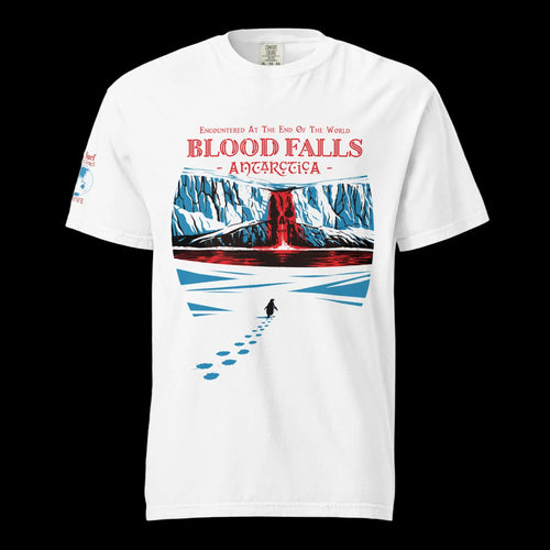 Blood Falls Antarctica Lone Penguin walking towards Red Waterfall Graphic Shirt by 17th & Surf