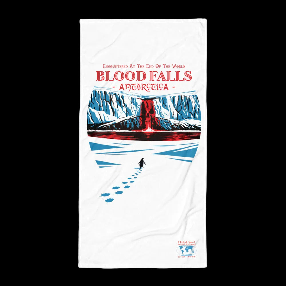 Blood Falls Antarctica beach towel with lone penguin approaching red glacier waterfall artwork inspired by Taylor Glacier (77°43′S 162°16′E) – Haunted Seas Series