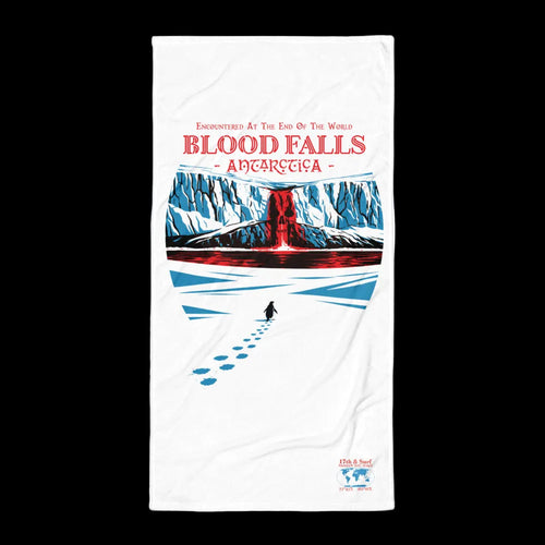 Blood Falls Antarctica beach towel with lone penguin approaching red glacier waterfall artwork inspired by Taylor Glacier (77°43′S 162°16′E) – Haunted Seas Series