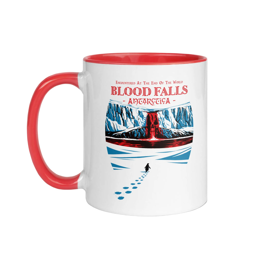 Blood Falls Antarctica graphic mug featuring lone penguin walking toward red glacier waterfall by 17th & Surf front view