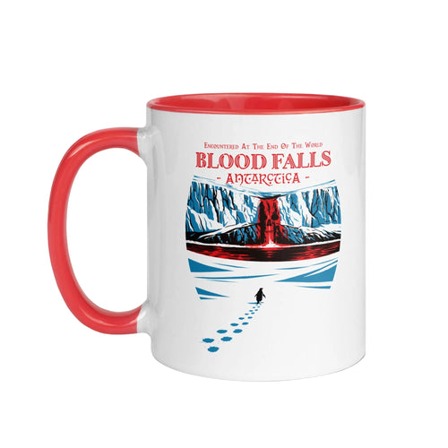 Blood Falls Antarctica graphic mug featuring lone penguin walking toward red glacier waterfall by 17th & Surf front view