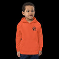 Boy wearing 17th & Surf burnt orange kids hoodie front view with small clownfish playing drums chest graphic