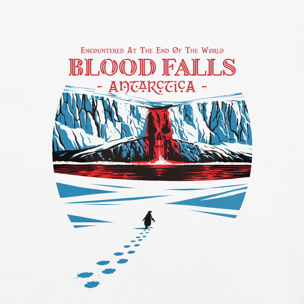 Close-up of Blood Falls Antarctica Red Waterfall artwork with Lone Penguin - But Why?