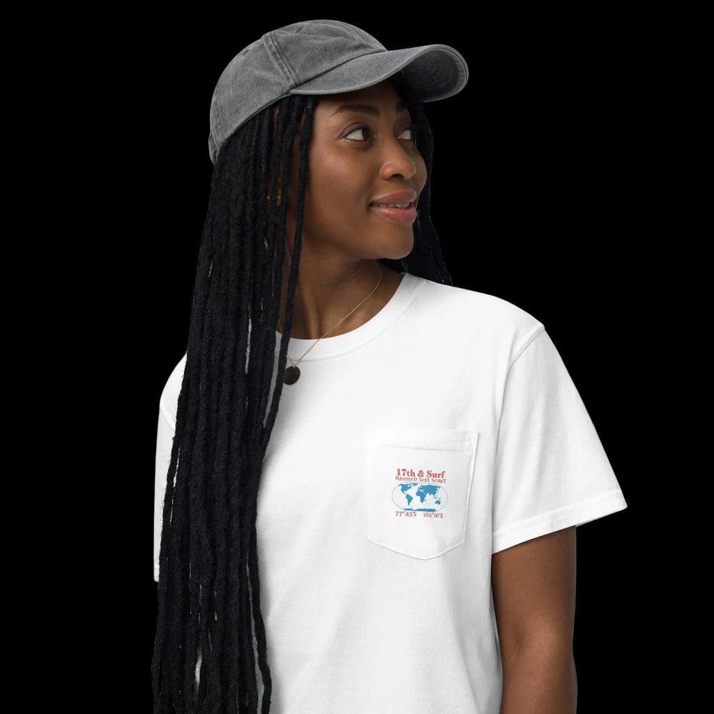 Female Model wearing white 17th & Surf Blood Falls Antarctica pocket t-shirt with coordinates 77°43′S 162°16′E on chest pocket