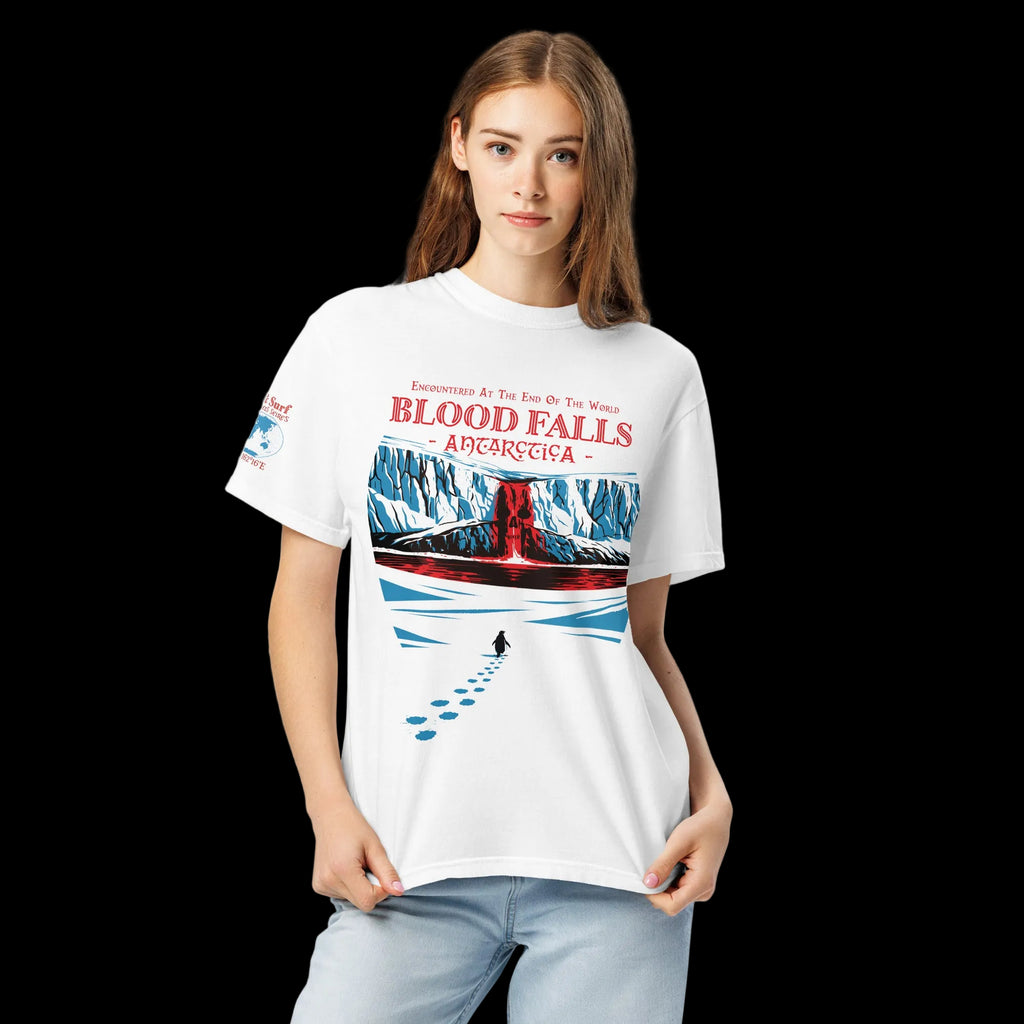 Female model wearing Blood Falls Antarctica Lone Penguin walking towards Red Waterfall Graphic Shirt by 17th & Surf