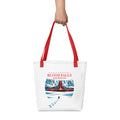 Front View Blood Falls Antarctica tote bag featuring red waterfall in Antarctic glacier with lone penguin walking toward ice cliffs – Haunted Seas Series by 17th & Surf