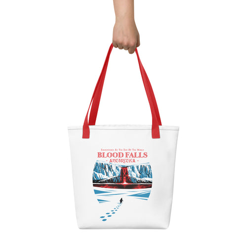 Front View Blood Falls Antarctica tote bag featuring red waterfall in Antarctic glacier with lone penguin walking toward ice cliffs – Haunted Seas Series by 17th & Surf