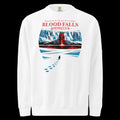 Front view white 17th & Surf Blood Falls Antarctica sweatshirt featuring lone penguin walking toward red waterfall beneath icy cliffs
