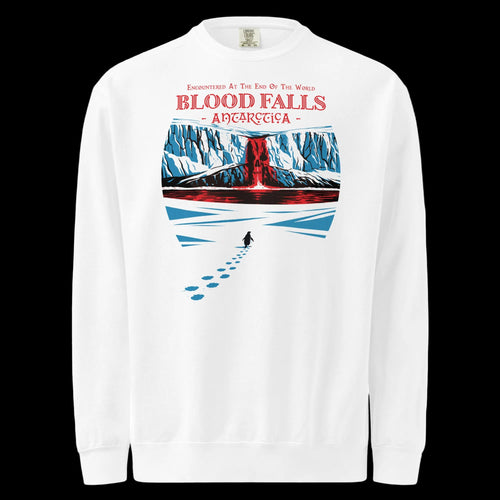 Front view white 17th & Surf Blood Falls Antarctica sweatshirt featuring lone penguin walking toward red waterfall beneath icy cliffs