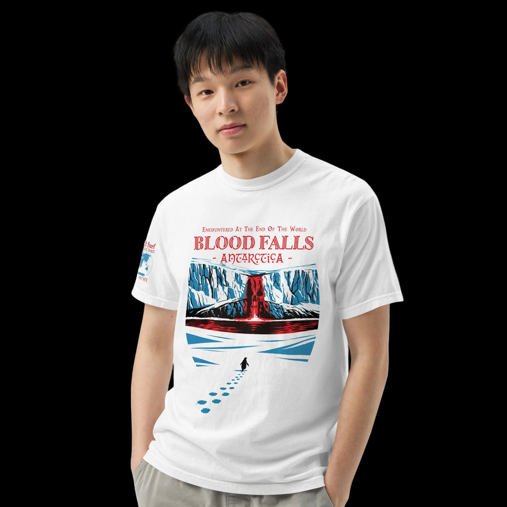 Male model wearing Blood Falls Antarctica Lone Penguin walking towards Red Waterfall Graphic Shirt by 17th & Surf