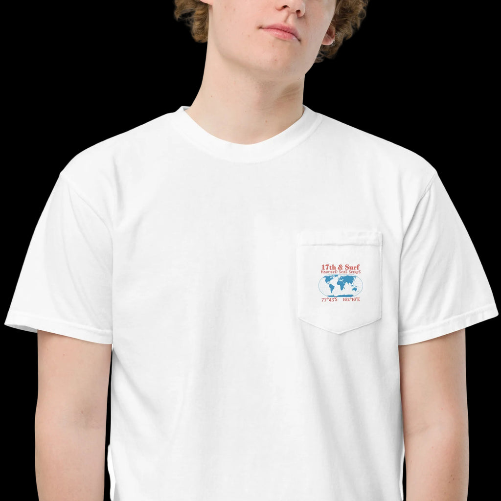 Male Model wearing white 17th & Surf Blood Falls Antarctica pocket t-shirt with coordinates 77°43′S 162°16′E printed on chest pocket