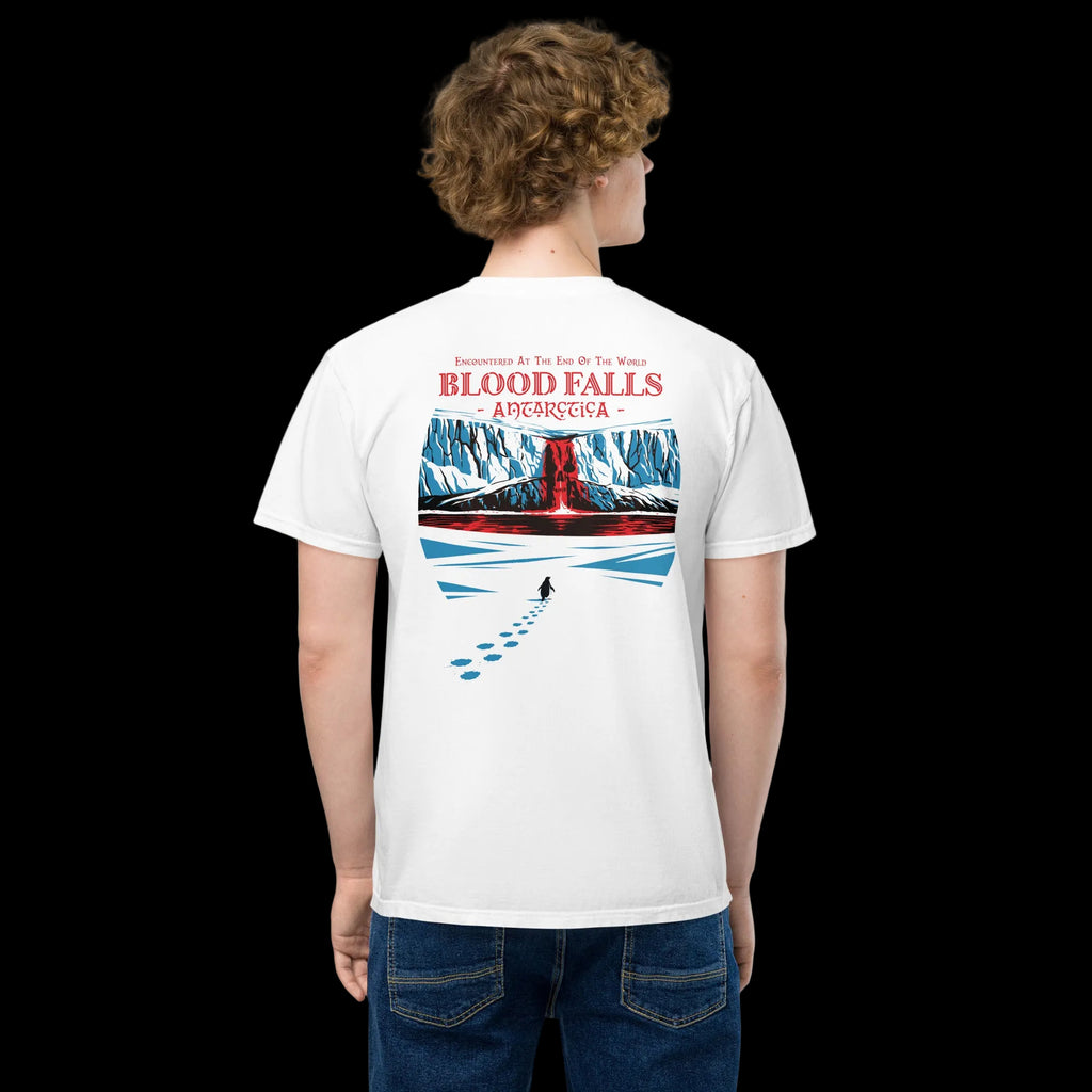Male Model wearing white 17th & Surf Blood Falls Antarctica t-shirt with red waterfall flowing from icy cliffs and "but why" penguin and its footprints graphic on back