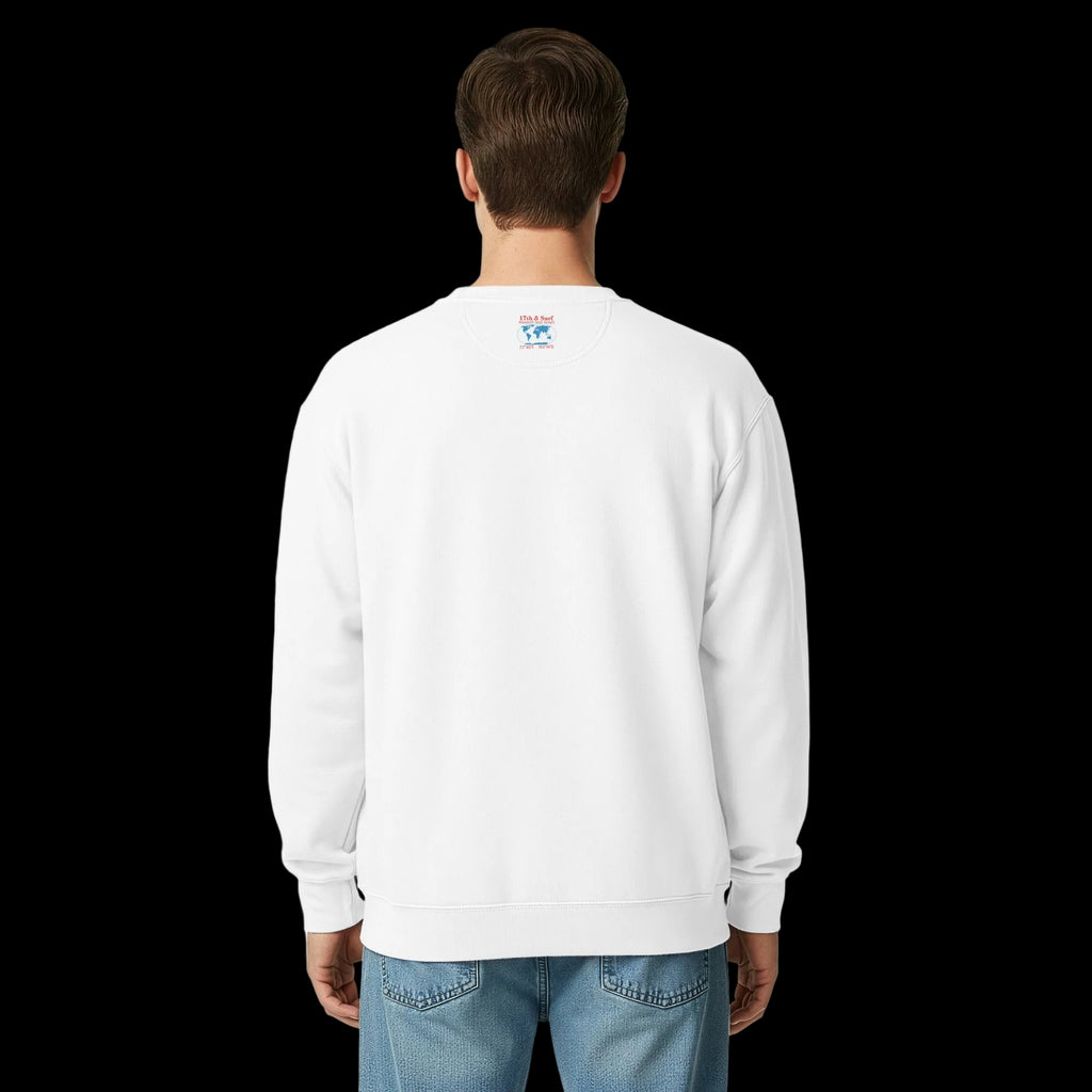 Man wearing white sweatshirt with back design showing 17th & Surf Haunted Seas Series world map with Antarctica marked and 77°43′S 162°16′E coordinates