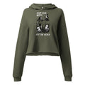 Military green women’s crop hoodie with raw hem and skeleton offering puffin a smoke beach illustration