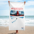 Person holding Blood Falls Antarctica beach towel with lone penguin approaching red glacier waterfall artwork inspired by Taylor Glacier (77°43′S 162°16′E) – Haunted Seas Series