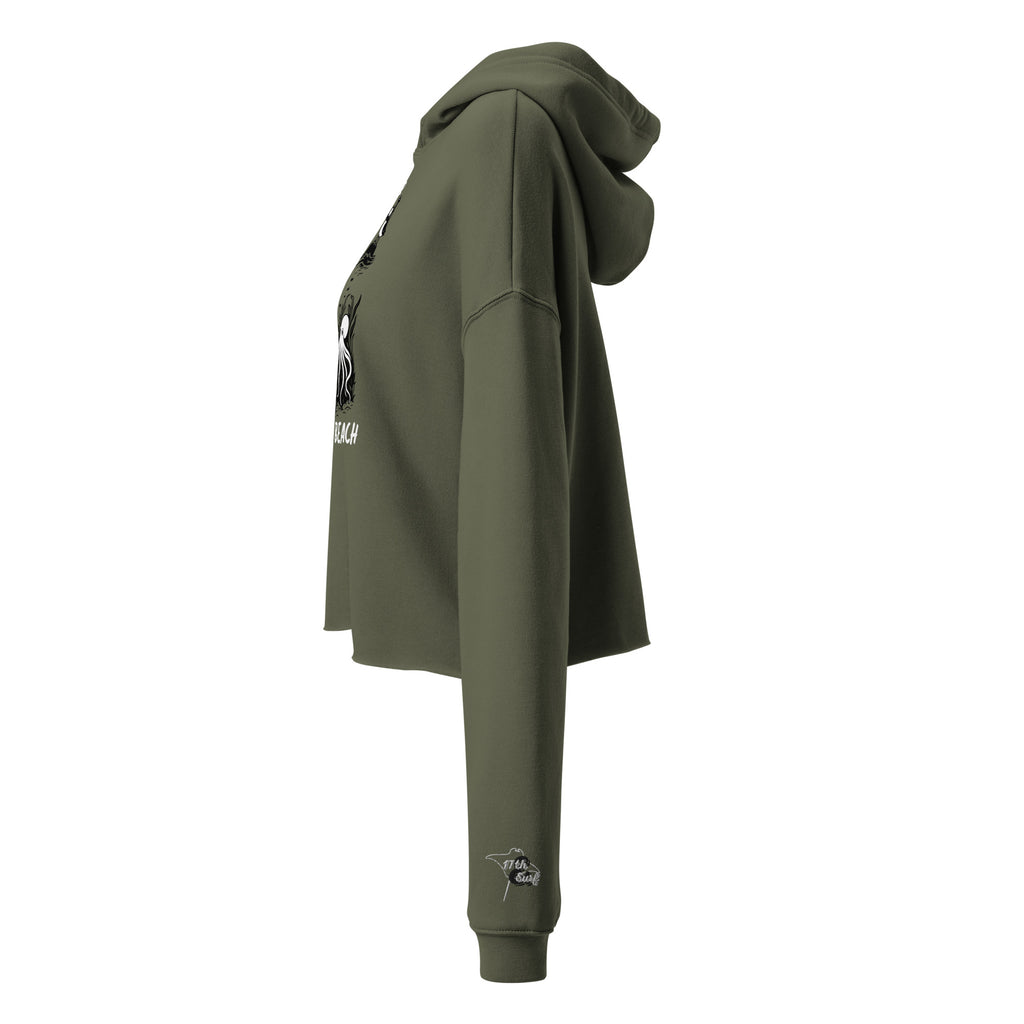 Profile view of military green women’s crop hoodie showing hood shape and embroidered stingray logo on sleeve