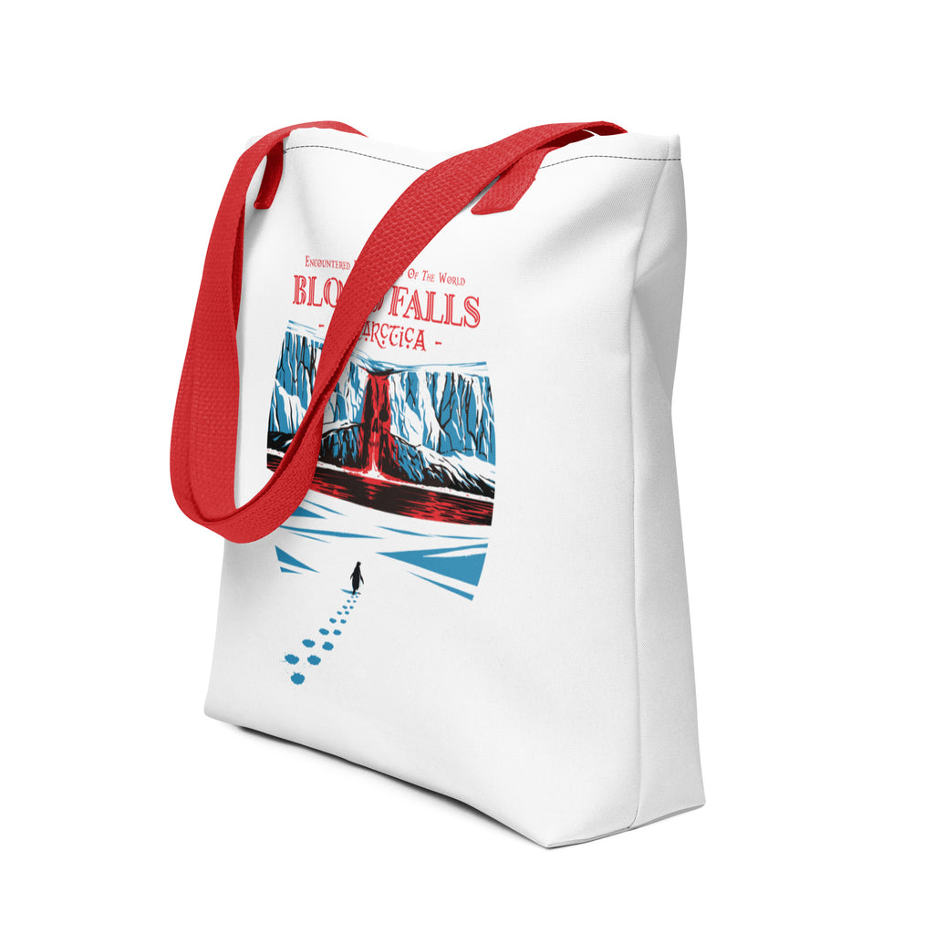 Side View Blood Falls Antarctica tote bag featuring red waterfall in Antarctic glacier with lone penguin walking toward ice cliffs – Haunted Seas Series by 17th & Surf