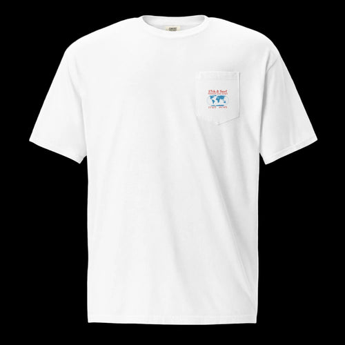White 17th & Surf Blood Falls pocket t-shirt with coordinates 77°43′S 162°16′E marking the location of Blood Falls in Antarctica