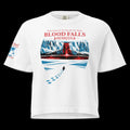 Women’s white heavyweight boxy tee featuring Blood Falls Antarctica graphic with lone penguin approaching red waterfall