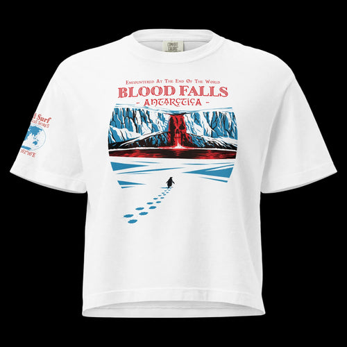 Women’s white heavyweight boxy tee featuring Blood Falls Antarctica graphic with lone penguin approaching red waterfall