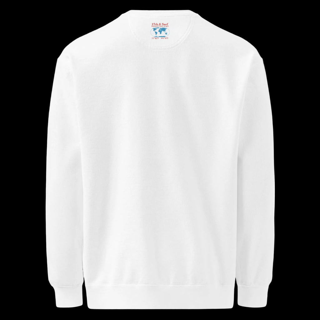 white sweatshirt with back design showing 17th & Surf Haunted Seas Series world map with Antarctica marked and 77°43′S 162°16′E 