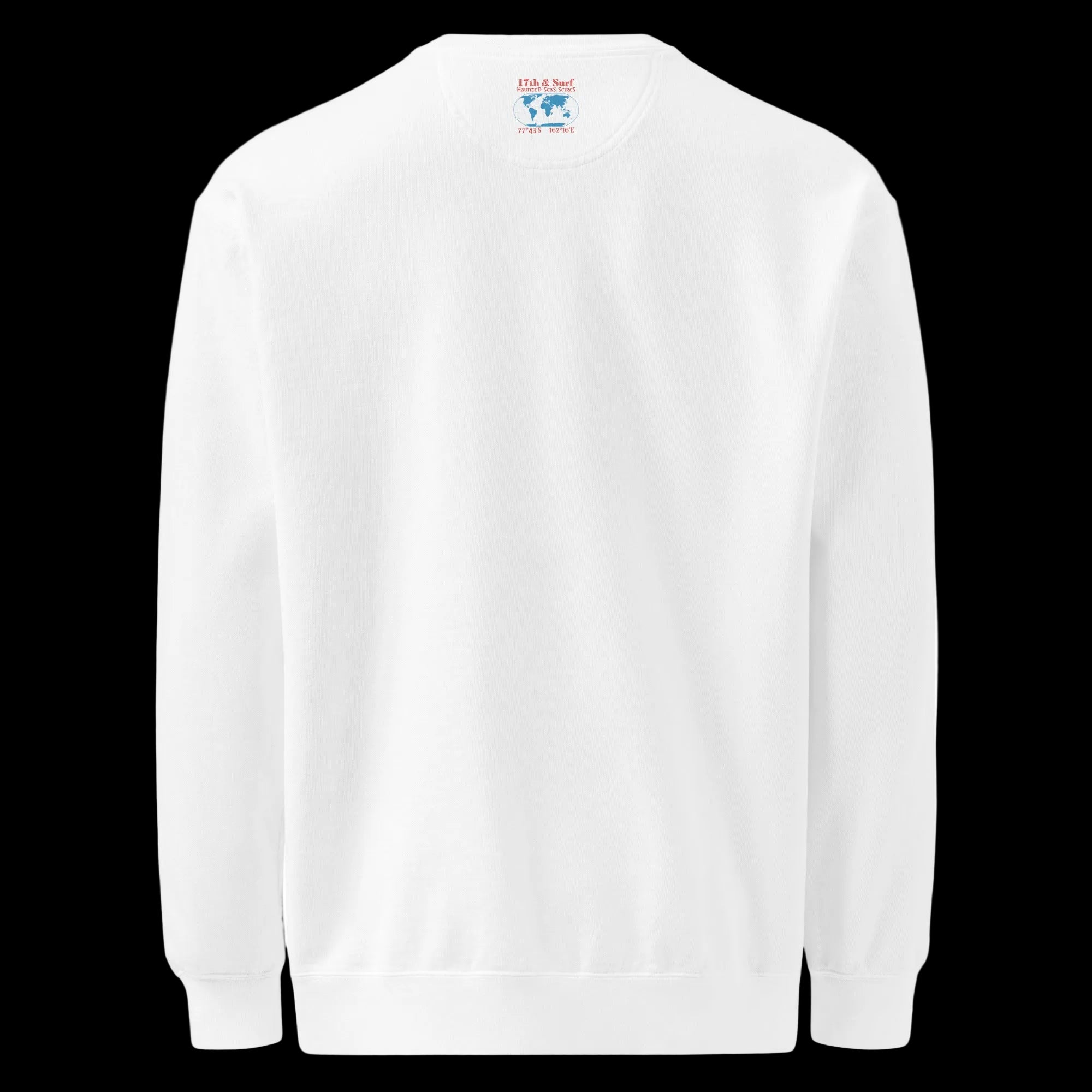white sweatshirt with back design showing 17th & Surf Haunted Seas Series world map with Antarctica marked and 77°43′S 162°16′E 